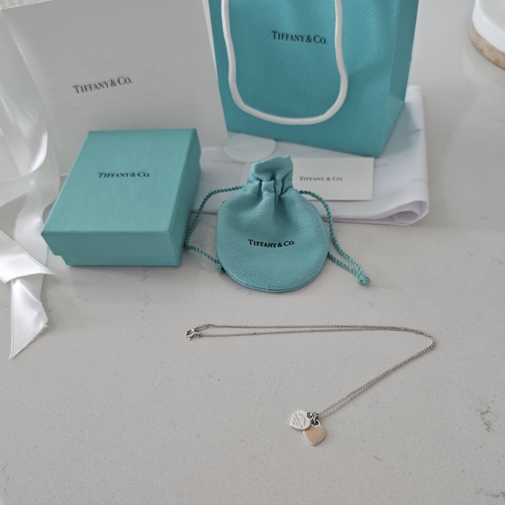 Tiffany & Co. Pink Double Heart Tag Pendant Necklace In Silver, Mini